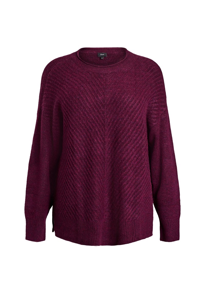 Maglione in maglia bordeaux con un motivo diagonale testurizzato; maniche ampie; collo a giro; spacco laterale all'orlo per maggiore libertà di movimento.