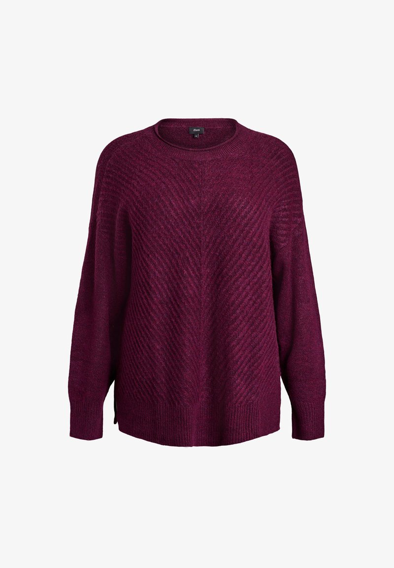 Bordo pleteno pulover z teksturiranim, diagonalnim vzorcem; široki rokavi; okrogla izdolžena ovratnika; stranska razporka na robu za dodatno gibljivost.
