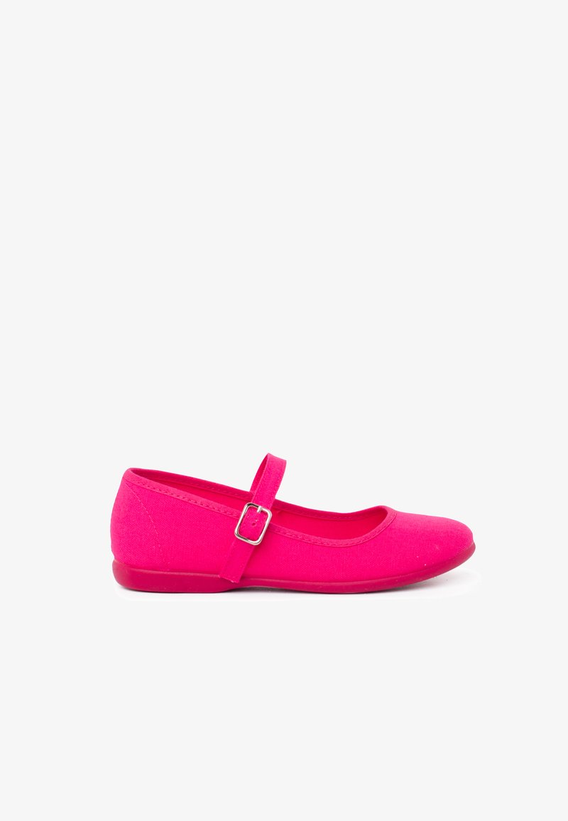 Pantofii ballet Mary Jane din material roz, cu vârful rotunjit, curea ajustabilă și talpă plată. Prezintă o textură netedă și un design simplu.