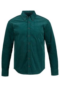 Grön kordflodskjorta med knäppbar krage, långa ärmar, en bröstficka och bruna knappar fram.