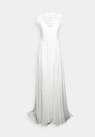 Bela obleka z čipkastim korzetom in kratkimi rokavi, oprijetim pasom in tekočo satensko krilo, gladka tekstura in eleganten dizajn.