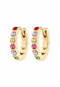 Aukso spalvos auskarai su žiedu, papuošti banguota forma ir spalvingais apvaliais rhinestones raudonos, rožinės, violetinės, žalios ir geltonos spalvos.