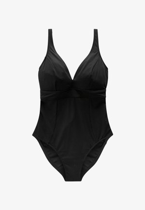 Czarny jednoczęściowy strój kąpielowy z wbudowanymi miseczkami, regulowanymi ramiączkami, szeroką gumą pod biustem oraz gładkim, elastycznym wykończeniem z tkaniny.