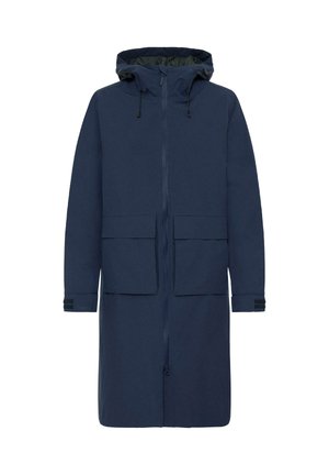 Marineblauer wasserdichter Mantel mit Kapuze, Vorderreißverschluss, zwei großen Taschen und verstellbaren Ärmelbündchen. Schlichte, gerade Silhouette.