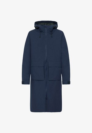 Marineblauer wasserdichter Mantel mit Kapuze, Vorderreißverschluss, zwei großen Taschen und verstellbaren Ärmelbündchen. Schlichte, gerade Silhouette.