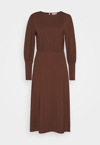 Robe midi marron avec de longues manches bouffantes, un col rond et une taille ajustée. Tissu doux et extensible avec une texture lisse.