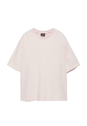 Hellrosa übergroßes Kurzarm-Baumwoll-T-Shirt mit rundem Halsausschnitt und kleinem besticktem Logo auf der linken Brust.