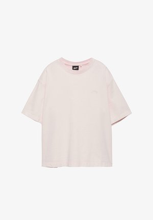 Hellrosa übergroßes Kurzarm-Baumwoll-T-Shirt mit rundem Halsausschnitt und kleinem besticktem Logo auf der linken Brust.