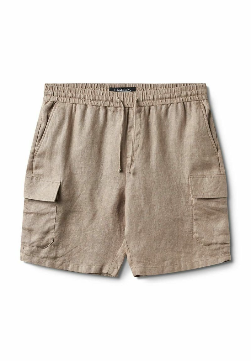 Beige vászon sort, elasztikus derékpánttal és zsinórral, két oldalsó zsebbel és két térdnél található cargo zsebbel.
