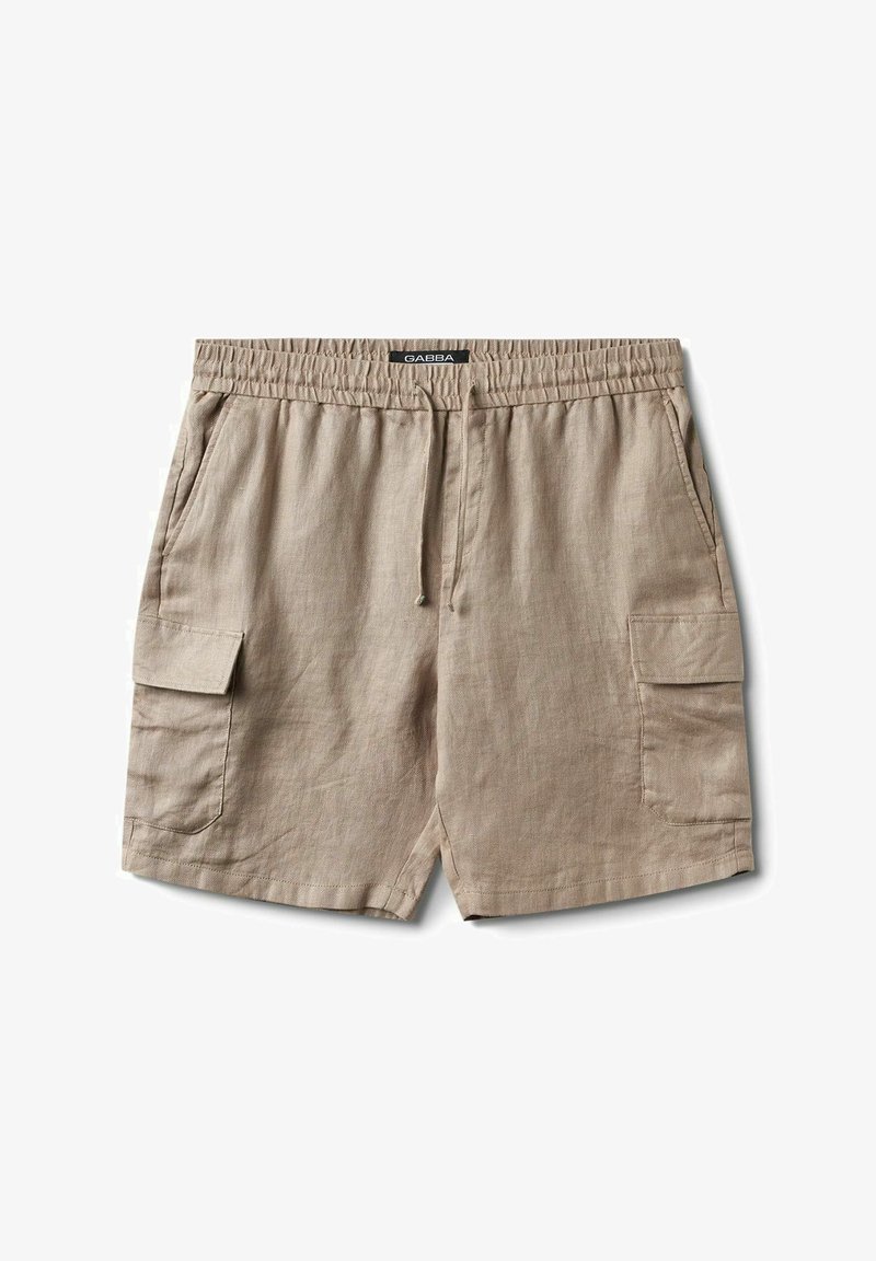 Beige lněné šortky s elastickým pasem a stahovací šňůrkou, které mají dvě boční kapsy a dvě cargo kapsy na stehnech.