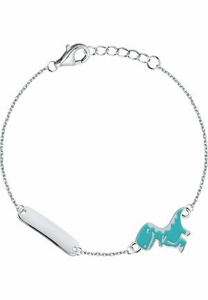 Sølv kædearmbånd med et turkis dinosaur charm og et glat, rektangulært mærke til personalisering.