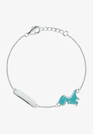 Sølv kædearmbånd med et turkis dinosaur charm og et glat, rektangulært mærke til personalisering.