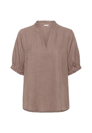 Pruun tekstuuriga pluus, millel on volangga kaelus ja lühikesed puhvärvid; lahtise silueti ja diskreetse v-kaelusega disain.