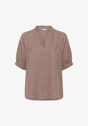 Brūna teksturēta blūze ar taisnu apkakli un īsām pūkām; brīvs siluets un diskrēta v-veida dekoltē.