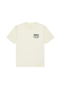 RVCA cremet bomulds t-shirt med korte ærmer, der har et grønt grafisk logo på venstre brystområde. Klassisk crew neck design.