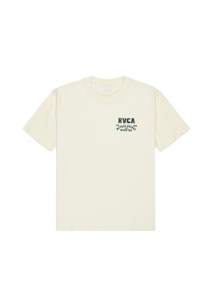 RVCA cream cotton t-shirt with short sleeves, featuring a green graphic logo on the left chest area. Classic crew neck design.