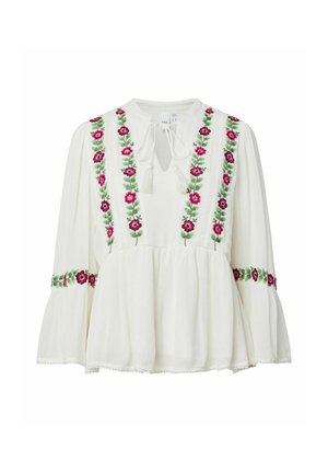 Blouse blanche à manches longues avec broderie florale rose et violette sur le devant et les manches, dotée d'un col en trou de serrure avec lien et de poignets évasés.