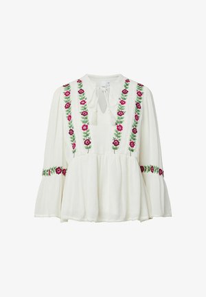 Blouse blanche à manches longues avec broderie florale rose et violette sur le devant et les manches, dotée d'un col en trou de serrure avec lien et de poignets évasés.