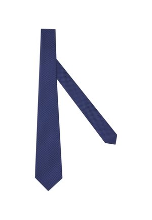 Marineblauer Krawatte mit einem strukturierten Muster aus kleinen Rauten, mit einer spitzen Spitze und einem schlanken Design, aus glattem Stoff gefertigt.