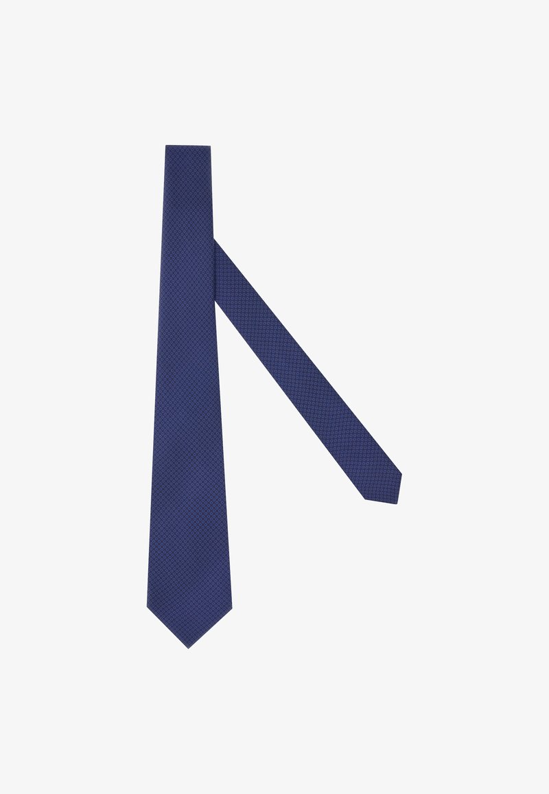 Marinblå slips med ett strukturerat mönster av små diamanter, har en spetsig topp och en smal design, tillverkad av slätt tyg.