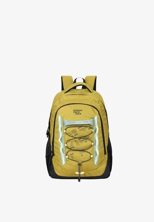 Geel en zwarte rugzak met een voorste bungee koordensysteem, mesh zijzakken en een gladde stoftextuur met logo-detail.