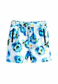 Zwemshorts met een witte basis en blauwe, groene en oranje spetters. Zwarte zijzakken met rits en een elastische tailleband met trekkoord.