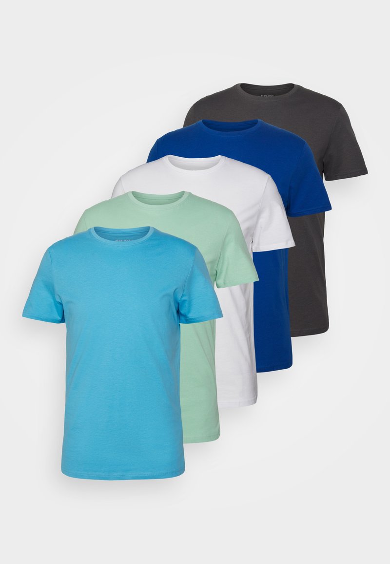 Five crew-neck t-shirts in a gradient of colors: teal, light green, white, royal blue, and dark gray, made of cotton with short sleeves.