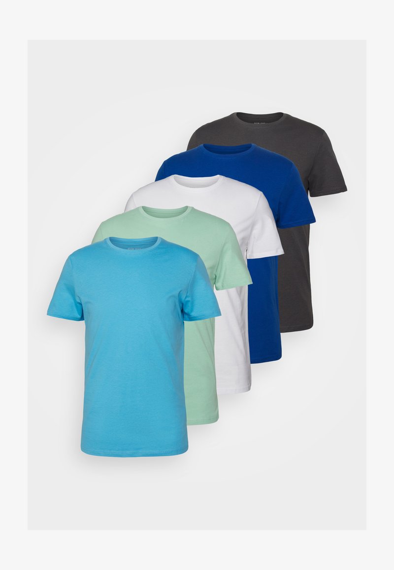 Öt crew-neck póló színátmenetben: türkiz, világos zöld, fehér, királykék és sötétszürke, pamutból, rövid ujjú kivitelben.