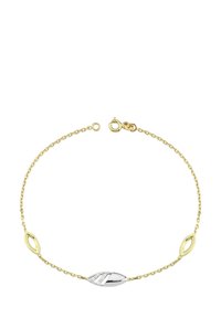 Bracelet chaîne en or avec un élément décoratif argenté orné de lignes diagonales et de petites pierres incrustées. Fermoir à mousqueton.