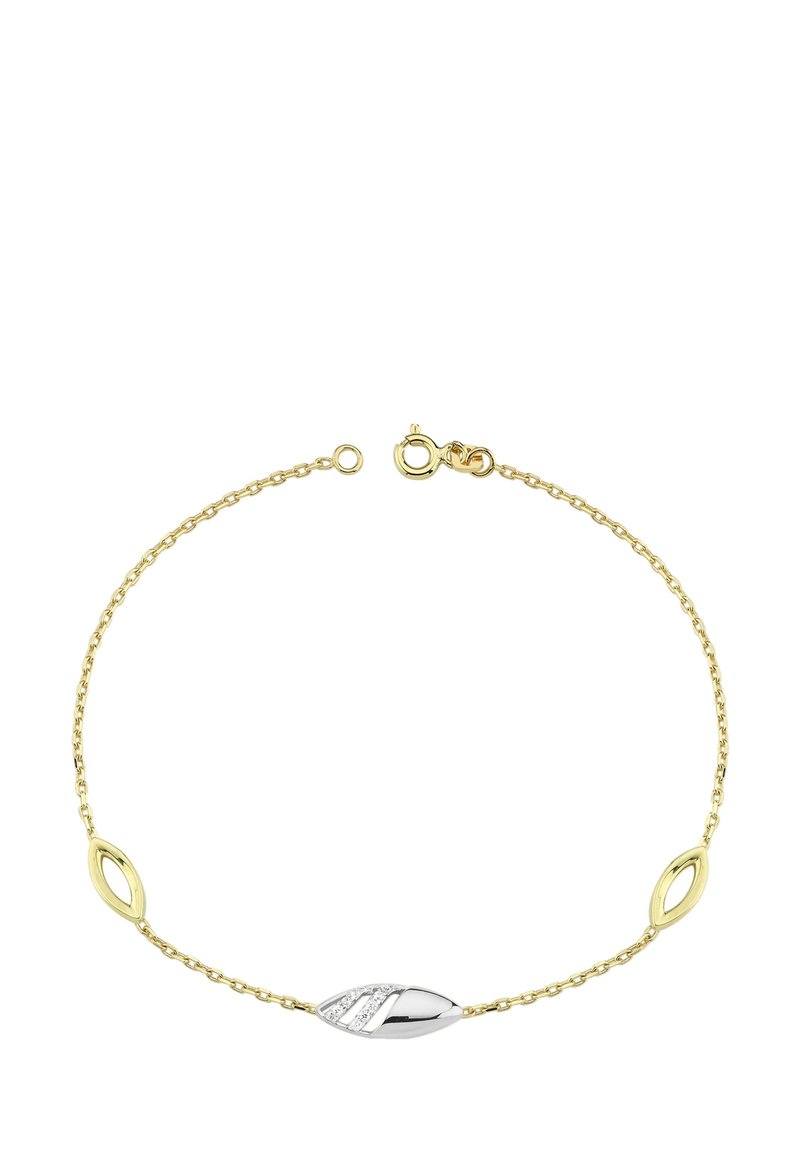 Bracelet chaîne en or avec un élément décoratif argenté orné de lignes diagonales et de petites pierres incrustées. Fermoir à mousqueton.