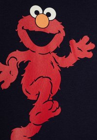 Rød Elmo karakter grafik på en mørk marinebaggrund, med store øjne, en orange næse og et smilende ansigt, samt detaljeret pelsstruktur.