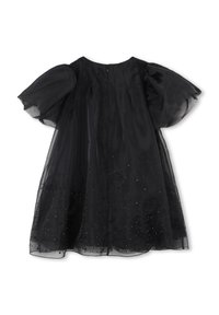 Czarna sukienka z krótkimi bufkami, z przezroczystego materiału, z ozdobami z koralików. W kształcie litery A z zamkiem błyskawicznym z tyłu i teksturowanymi detalami.
