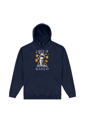 Marineblå hættetrøje med et sort-hvidt portræt af Frida Kahlo, orange blomsterdetaljer og hendes navn over og under billedet.
