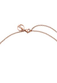 Eine Halskette aus Roségold mit einer filigranen Kette, einem runden Verschluss und einem herzförmigen Schloss, das feine Metallverarbeitung und eine glatte Textur zeigt.