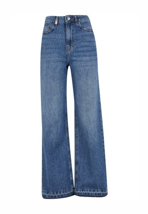 Bredde ben blå jeans lavet af denim, med høj talje, klassisk fem-lomme styling og en lige kant med minimal falming.