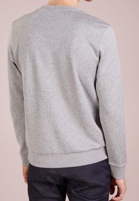 Šedá mikina s kulatým výstřihem, pružnými manžetami a lemem. Tkanina má jemnou texturu a jednoduchý, jednobarevný design.