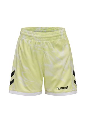 Lysegule sportsshorts med diskrete hvide mønstre, elastisk talje, sorte chevron-striber på siderne og "hummel" logo på forsiden af højre ben.