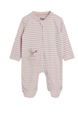 Śpiworek dla niemowląt z różowymi i białymi poziomymi paskami, z przednim zamkiem błyskawicznym oraz małym, haftowanym króliczkiem z motylem na kieszeni.