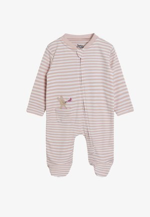 Gigoteuse pour bébé avec des rayures horizontales roses et blanches, une fermeture éclair frontale et un petit lapin brodé avec un papillon sur une poche.