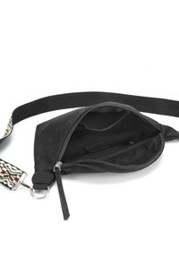 Black fabric bag with a zippered compartment, featuring a patterned strap in shades of red, black, and white. Smooth texture, compact design.
