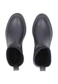 Stivali alla caviglia neri in gomma con una finitura liscia, colletto in maglia testurizzata e linguetta per una facile calzata. Interno foderato per il comfort.