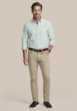 Man standing wearing a light green striped button-up shirt, beige pants, dark belt, dark slip-on shoes, and a wristwatch, smiling with hand in pocket.