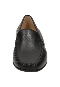 Schwarzer Lederloafer mit Steppdetails an der Vorderseite, runder Zehenform, glatter Textur und schlichtem Design. Geeignet für legere oder semi-formelle Anlässe.
