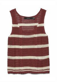 Gehaakte tanktop in burgundy met crème strepen. Heeft een ronde halslijn, zonder mouwen en een textuur met opengehaakt patroon.