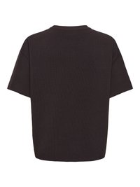 T-shirt noir simple en maille à manches courtes, avec un col rond et une coupe ample et carrée, montré de dos sur fond blanc.