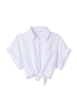 Camicia bianca a maniche corte con colletto, taschino sul petto e nodo annodato all'orlo.