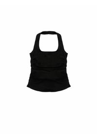 Top nero senza maniche con scollatura quadrata, fianchi arricciati e una texture liscia. Progettato con spalline larghe per sostegno e comfort.