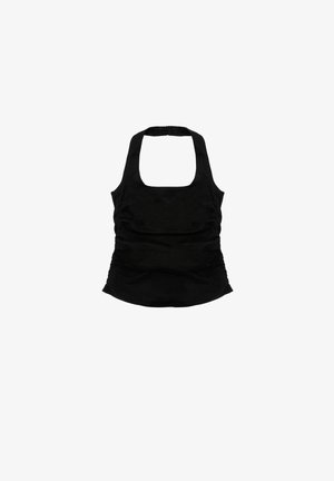 Czarny top na ramiączkach z kwadratowym dekoltem, marszczonymi bokami i gładką fakturą. Zaprojektowany z szerokimi ramiączkami dla wsparcia i wygody.