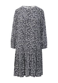 Marineblaues Kleid mit floralem weißen Druck, langen Ärmeln, rundem Ausschnitt, gerafftem, gestuftem Rock und einer Schlüssellochöffnung hinten. Leichtes Material.