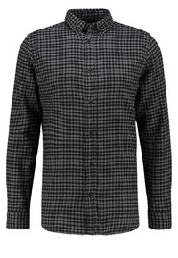 Musta ja harmaa ruudullinen flanellipaita, pitkät hihat, kauluskäänne nappeineen, edessä napillinen läppä ja pehmeä kudottu pinta.